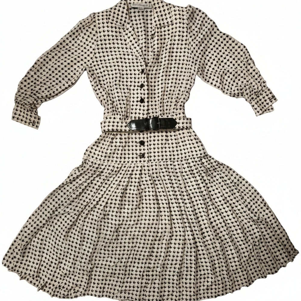 Vintage 1980s Adele Simpson Midi Dress White With Black Accents And Belt - XS/S